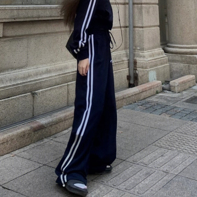 ジャージ セットアップ レディース 韓国 ファッション サイドライン クロップド ジャケット フレア ワイドパンツ 上下セット