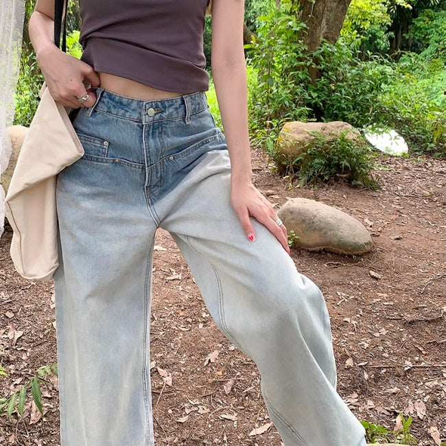 ハードウォッシュ デニム ワイドパンツ レディース 韓国 ジーンズ デニム モップパンツ グラデーション ルーズフィット パンツ