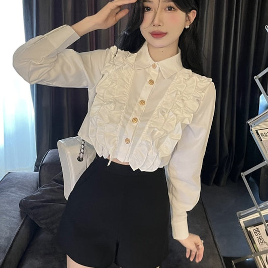 フリル ブラウス クロップド トップ レディース 韓国 ファッション ショート丈 フリルシャツ 春トップス
