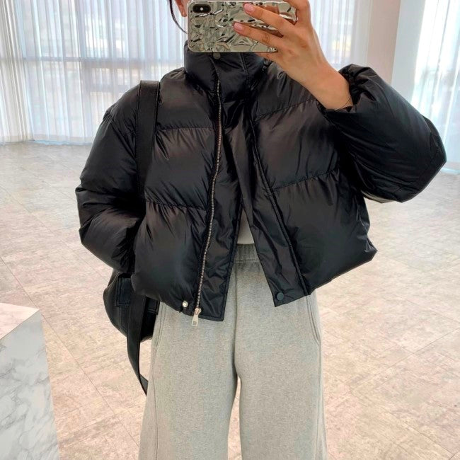 エコダウン ショートジャケット レディース クロップド丈 韓国 ファッション 冬 防寒 ボリューム 中綿 ジャケット