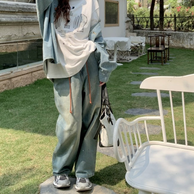 デニムセットアップ デニムパンツ デニムシャツ Tシャツ レディース 韓国 ファッション 半袖Tシャツ ペイント スプラッシュ マルチ ビンテージ デニム