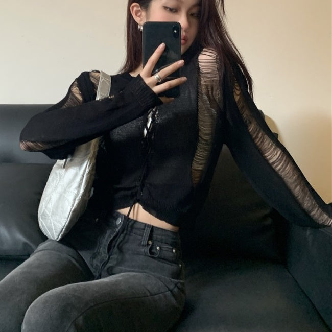 レースアップ メッシュニット シアー 春 トップス レディース 韓国 ファッション フェミニン すけ感 シースルー エアリー ニット