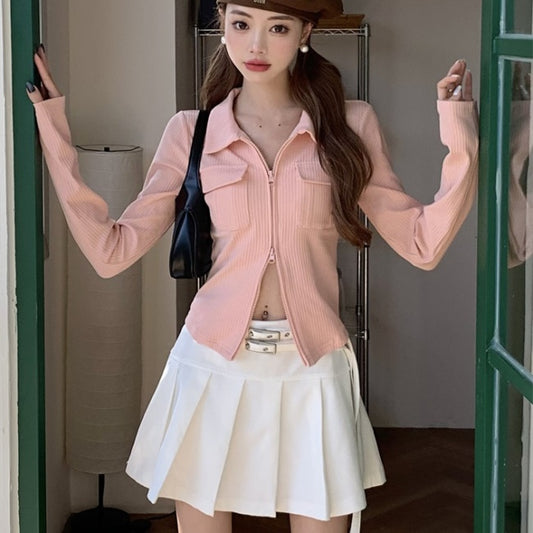 ジップアップ リブニット カットソー レディース 韓国 春 クロップトップ へそみせ ミニマム トップス