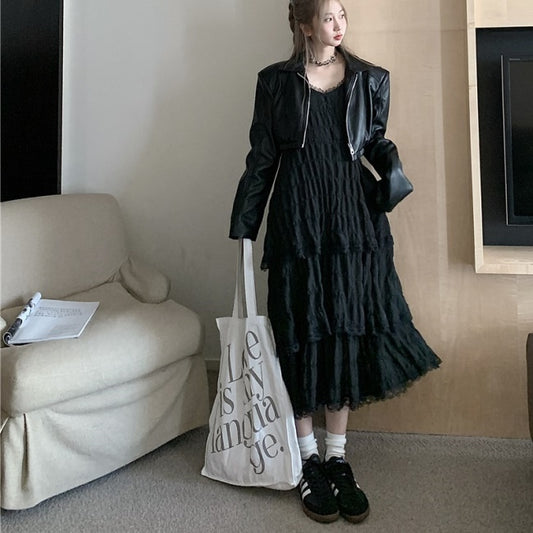 セットアップ ワンピース ジャケット コーデ セット 韓国 レディース ノースリーブ ティアードワンピ エコレザー ライダース ジャケット 2点セット