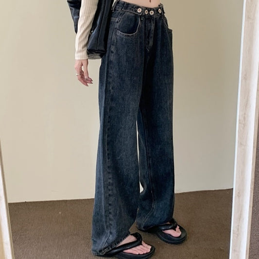 デニムパンツ レディース ワイドストレート レディース 韓国 ファッション ジーンズ ウエスト調整 ボタン