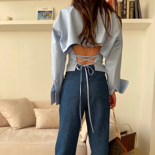 バックシャン シャツ レディース 背中見せ カットアウト レースアップ セクシー ブラウス 韓国 ファッション 春 トップス