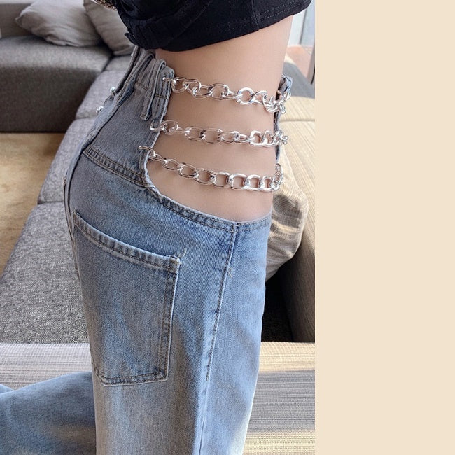 デニムパンツ ウエスト カット チェーン レディース 韓国 ファッション カットアウト 肌みせ デニム