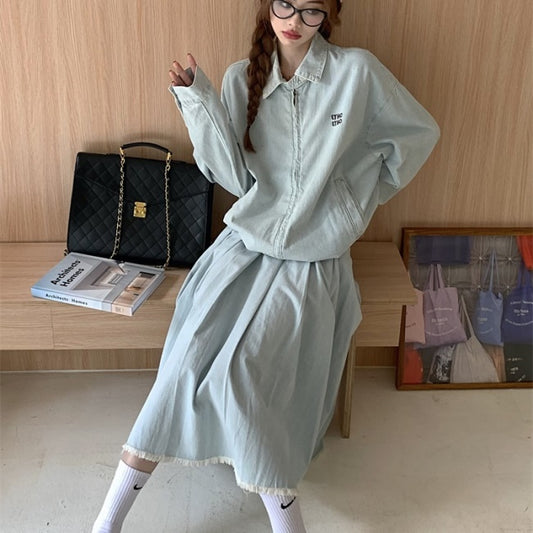 ライトデニム セットアップ レディース 韓国 ファッション デニム生地 オーバーサイズ ブルゾン ロングスカ―ト 上下セット