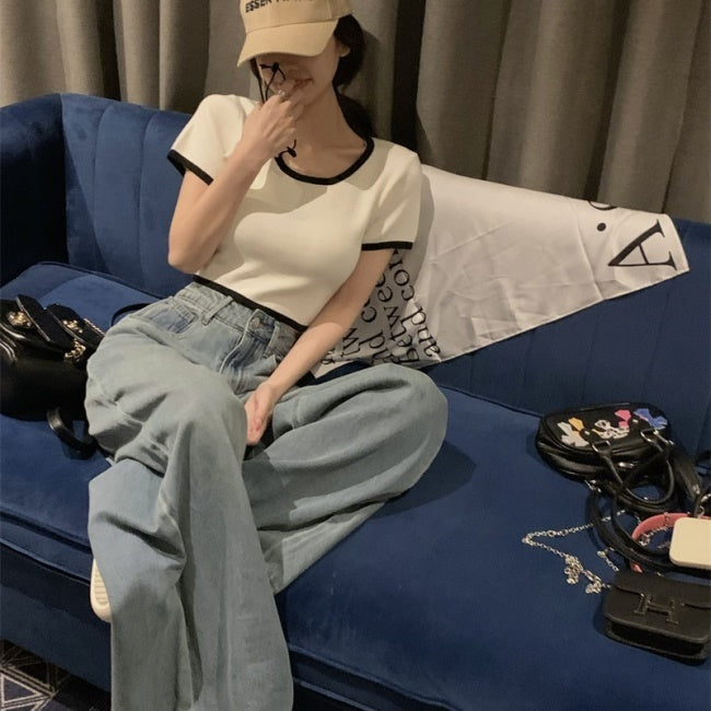 ニット Tシャツ レディース 韓国 半袖 夏 トップス クロップド丈 パイピング ニットT