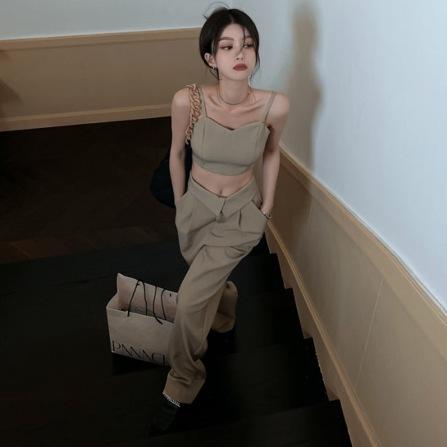 夏 セットアップ レディース キャミ ビスチェ タック ワイドパンツ 上下 2点セット 韓国 ファッション レディース 韓国ファッション キャミソール ショート丈 トップス