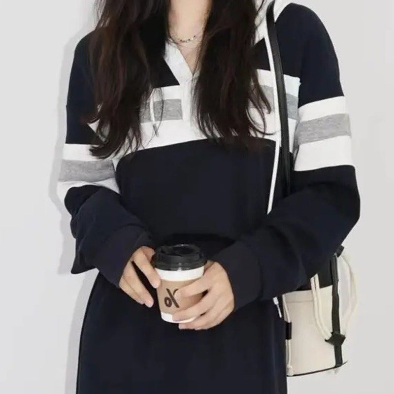 カラーブロック ニットワンピース レディース 韓国 ファッション ボーダー パーカー ロングワンピース