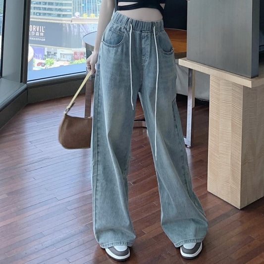 デニム ワイドパンツ レディース 韓国 ファッション ウエストコード ライトブルー ヴィンテージ デニムパンツ 春夏