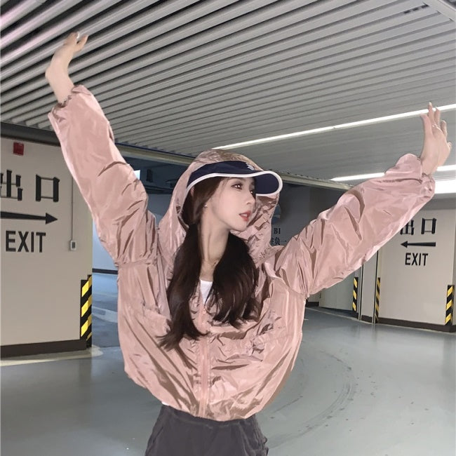 ナイロン フード ジャケット ブルゾン レディース 韓国 ファッション ウィンドブレーカー スポーツミックス ライト アウター
