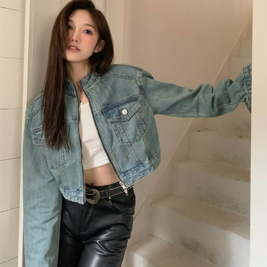 クロップド デニム ブルゾン レディース 韓国 デニムジャケット ライダース ジップアップ ジャケット