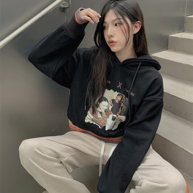 プリント クロップドパーカー スウェット レディース 韓国 ファッション ウェブトリム フォトグラフィック プリント