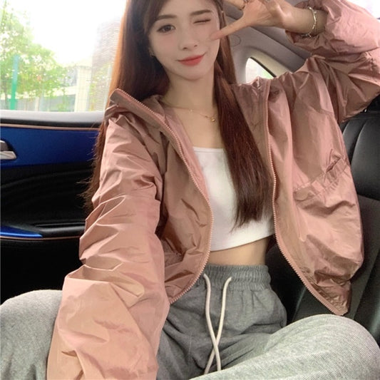 ナイロン フード ジャケット ブルゾン レディース 韓国 ファッション ウィンドブレーカー スポーツミックス ライト アウター