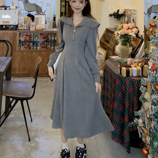 ハーフジップ フレア ワンピース 韓国 ファッション Aライン カットソー ハートチャーム ロングワンピース