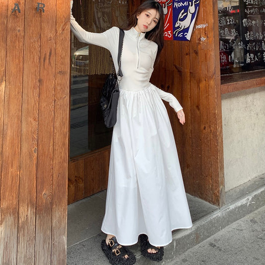 ハーフジップ ロングワンピース カットソー 切替 異素材 韓国 フレア ワンピース