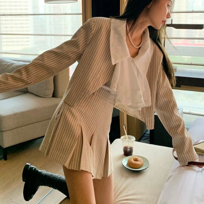 セットアップ 3点セット レディース ストライプ ジャケット ミニスカート フリルブラウス 韓国 お呼ばれ セット