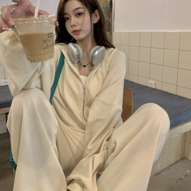 セットアップ レディース パーカー 韓国 ファッション オーバーサイズ ワッフル ジップパーカー ワイドパンツ 上下セット