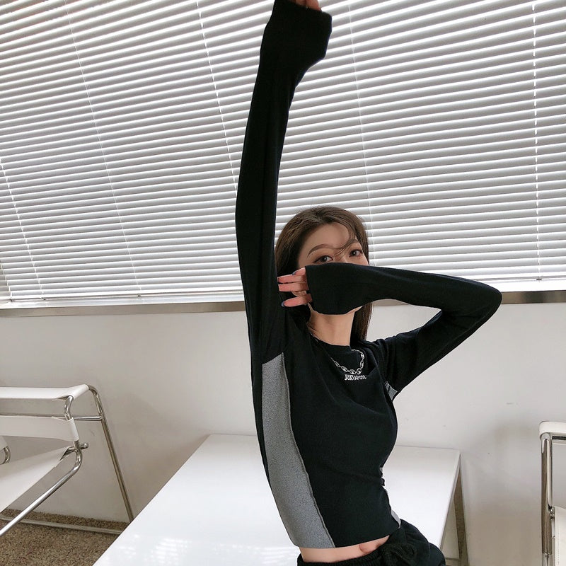 クロップド トップス レディース バイカラー ストレッチ カットソー 韓国 ファッション スポカジ ロンT 春