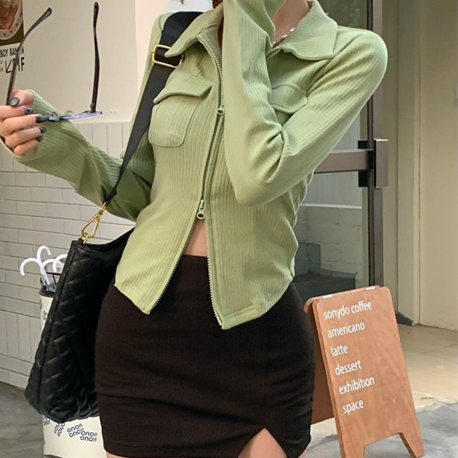 ジップアップ リブニット カットソー レディース 韓国 春 クロップトップ へそみせ ミニマム トップス