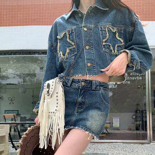 デニム セットアップ レディース 韓国 ウェスタン 星 刺繍 ミニスカート カウガール ビンテージ クロップド デニムジャケット 上下セット 春