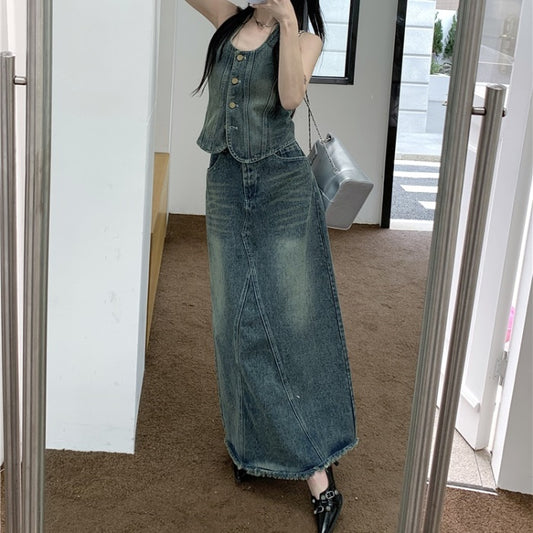 デニム セットアップ レディース 夏 デニム ベスト ロングスカート 韓国 ファッション 上下セット ダメージ加工 デニムセット