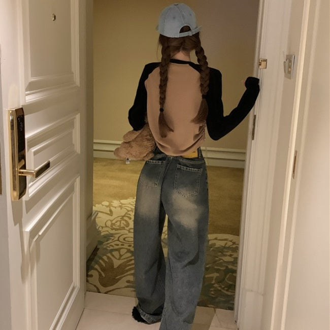 ラグラン ロングTシャツ レディース クロップド ドローコード ロンT 韓国 ファッション ロゴ バイカラー 長袖 春 トップス