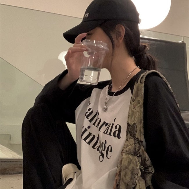 ロゴ ラグラン ロングTシャツ レディース 韓国 ファッション ラグランスリーブ 英字 プリント ラグランT