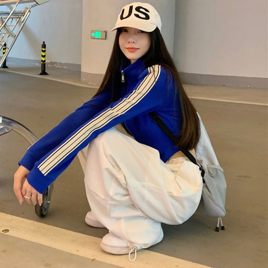 ジャージ セットアップ レディース 韓国 ファッション クロップド ジャケット ワイドパンツ 上下セット サイドライン スポーツカジュアル ウェア