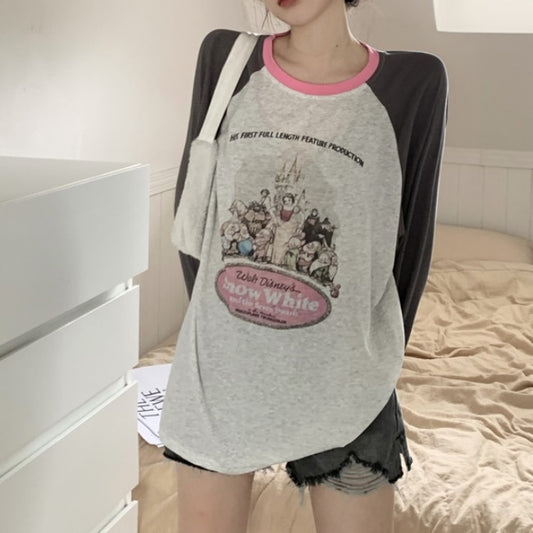 ラグラン ロンT レディース 韓国 ファッションビッグシルエット キャラプリント ロングTシャツ