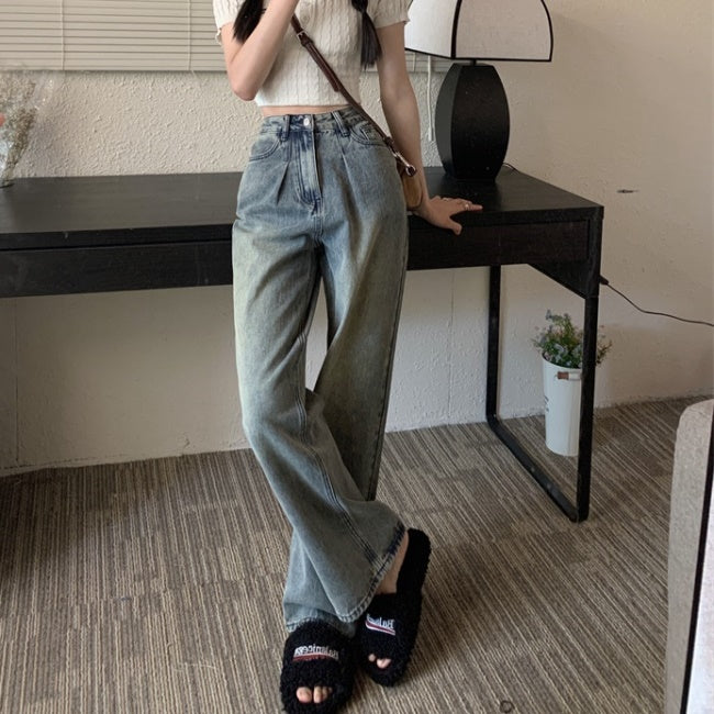 デニム ワイド モップパンツ レディース 韓国 ファッション デニムパンツ 太め ワイドパンツ ジーンズ