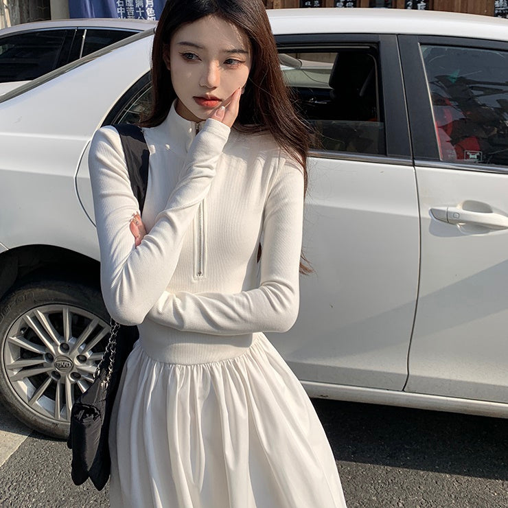 ハーフジップ ロングワンピース カットソー 切替 異素材 韓国 フレア ワンピース