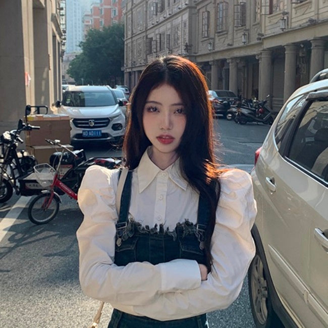 フリンジ デニム ジャンパースカート レディース ブラウス セット 韓国 ファッション レトロ マキシ ワンピース