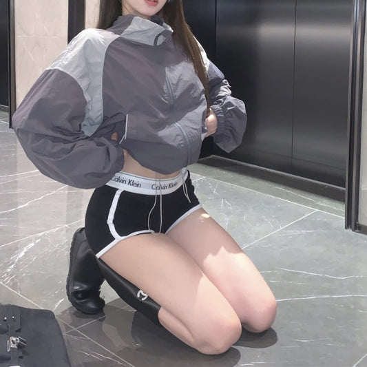 クロップド ナイロンブルゾン 韓国 ウィンドブレーカー バイカラー ナイロンジャケット カバーアップ