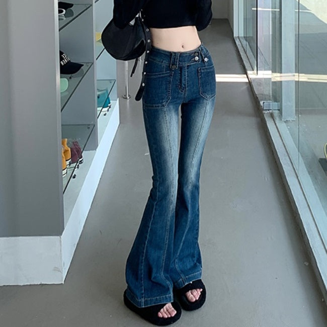 フレアデニムパンツ レディース 韓国 ファッション ローライズ ジーンズ レトロ おしゃれ 大人カジュアル
