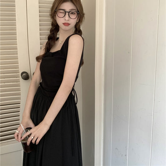 ノースリーブ ロングワンピース 無地 レディース 韓国 ファッション ワンピ フレア ウエスト シャーリング Aライン ワンピース