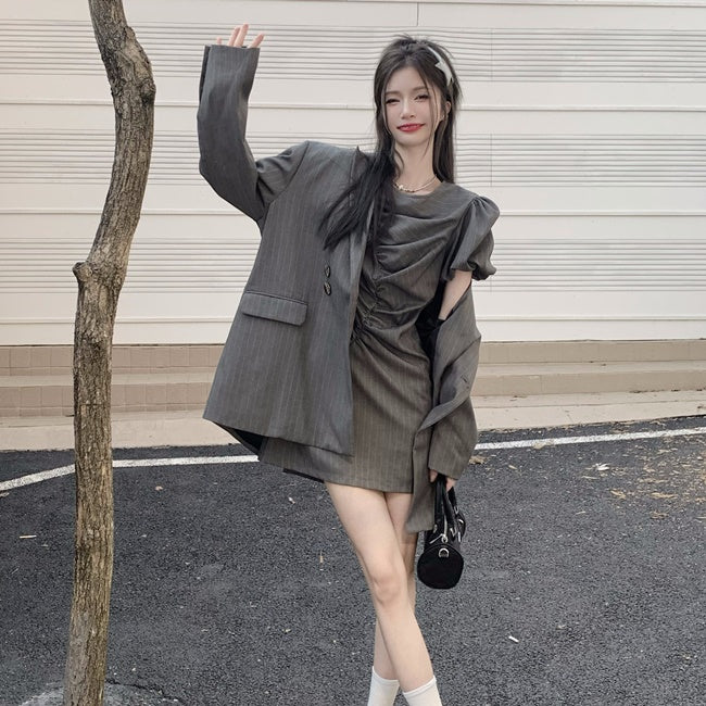 セットアップ レディース ジャケット ワンピース 韓国 ファッション ストライプ オーバーサイズ テーラード ワンピース コーデセット