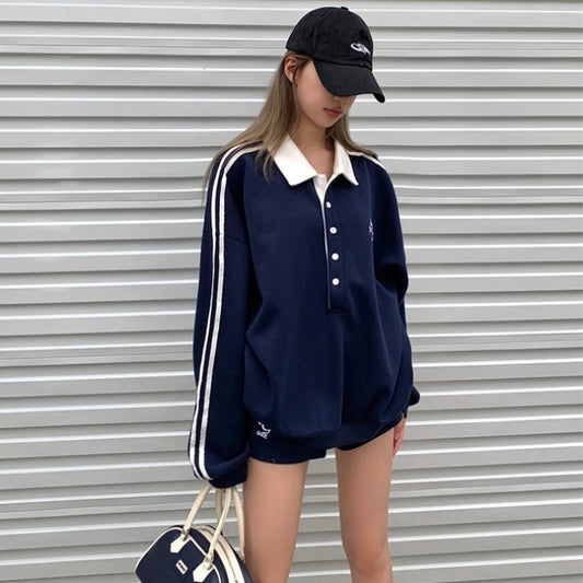 セットアップ レディース スウェット ラガーシャツ ハーフパンツ 上下セット 韓国 ファッション トレーナー ショートパンツ ワントーンコーデ