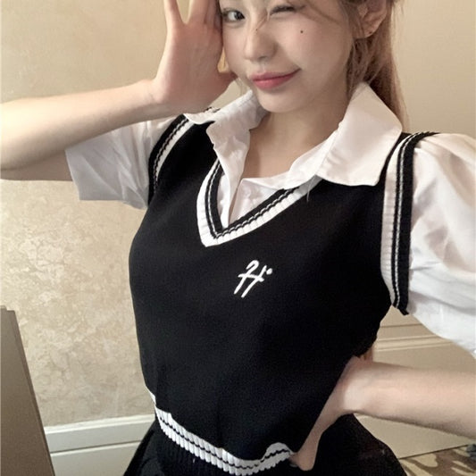 ニットベスト シャツ ドッキング トップス レディース 韓国 ファッション vネック ベスト ブラウス