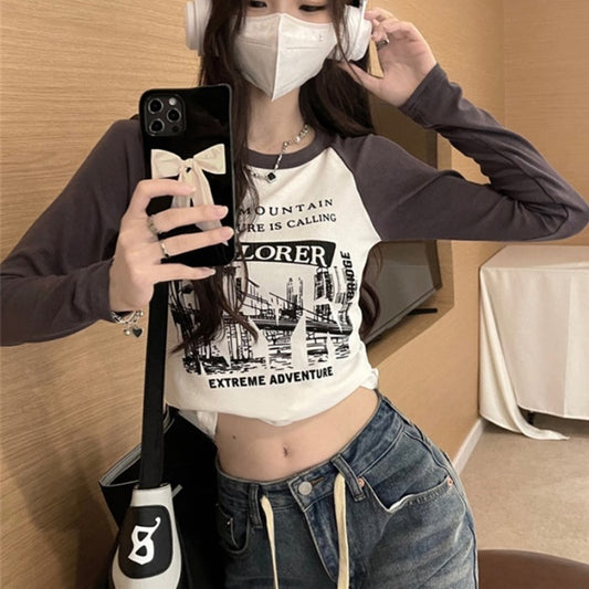 プリント ラグラン ロンT レディース クロップド丈 韓国 ファッション クロップトップ アメカジ 長袖 トップス