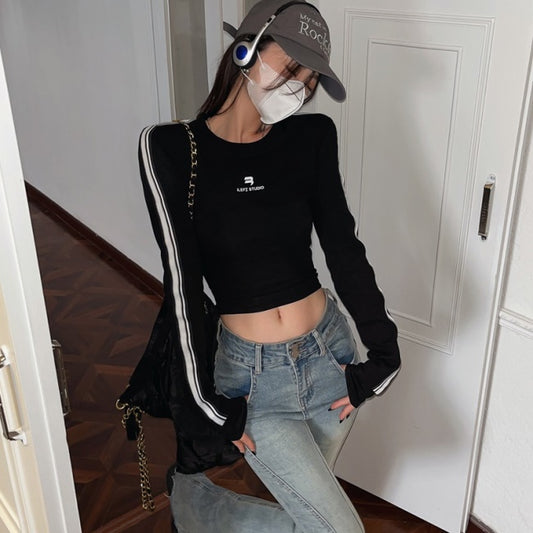 クロップド ロング Tシャツ レディース 韓国 ファッション ロンT ショート丈 春トップス スポーツ モノトーン ストレッチ