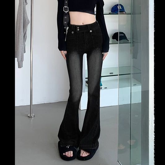 フレアデニムパンツ レディース 韓国 ファッション ローライズ ジーンズ レトロ おしゃれ 大人カジュアル