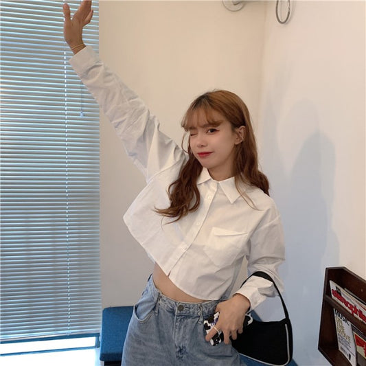 クロップドシャツ 白 ブラウス レディース 韓国 ファッション クロップトップ 春コーデ 長袖シャツ シンプル