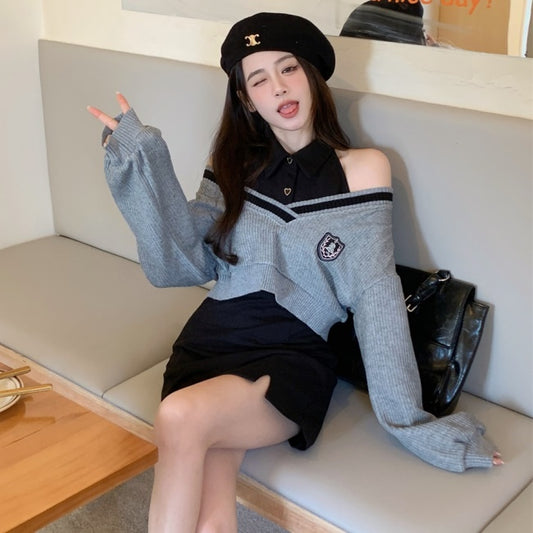 ホルターワンピース ニットトップス 2点セット レディース 韓国 セットアップ オフショルダー クロップニット 黒ワンピース コーデセット