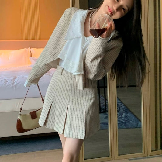 セットアップ 3点セット レディース ストライプ ジャケット ミニスカート フリルブラウス 韓国 お呼ばれ セット