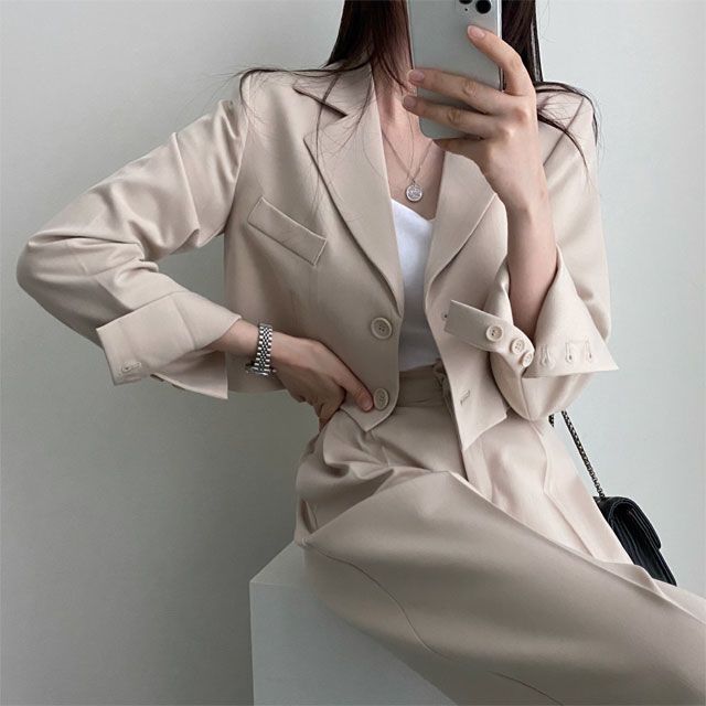 スーツ セットアップ レディース 韓国 ファッション クロップド ジャケット ワイドパンツ 上下セット