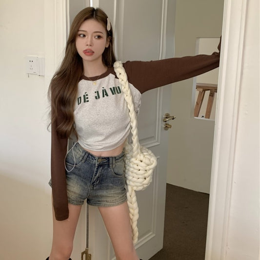 ラグラン ロングTシャツ レディース クロップド ドローコード ロンT 韓国 ファッション ロゴ バイカラー 長袖 春 トップス