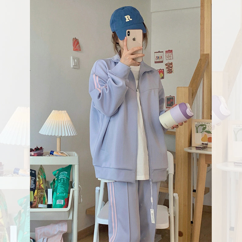 ニュアンスカラー ジャージ セットアップ レディース 韓国 カジュアル スポーツウェア ラインジャージ 上下セット